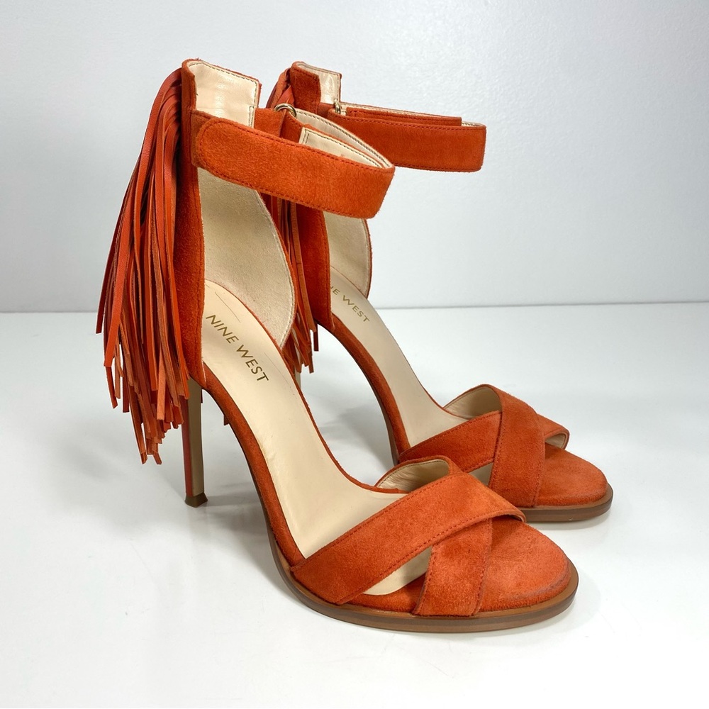 Nine West Hustle Orange Suede Leather Fringe Strappy Stilettos Heels Sandals 7 - Picture 12 of 12